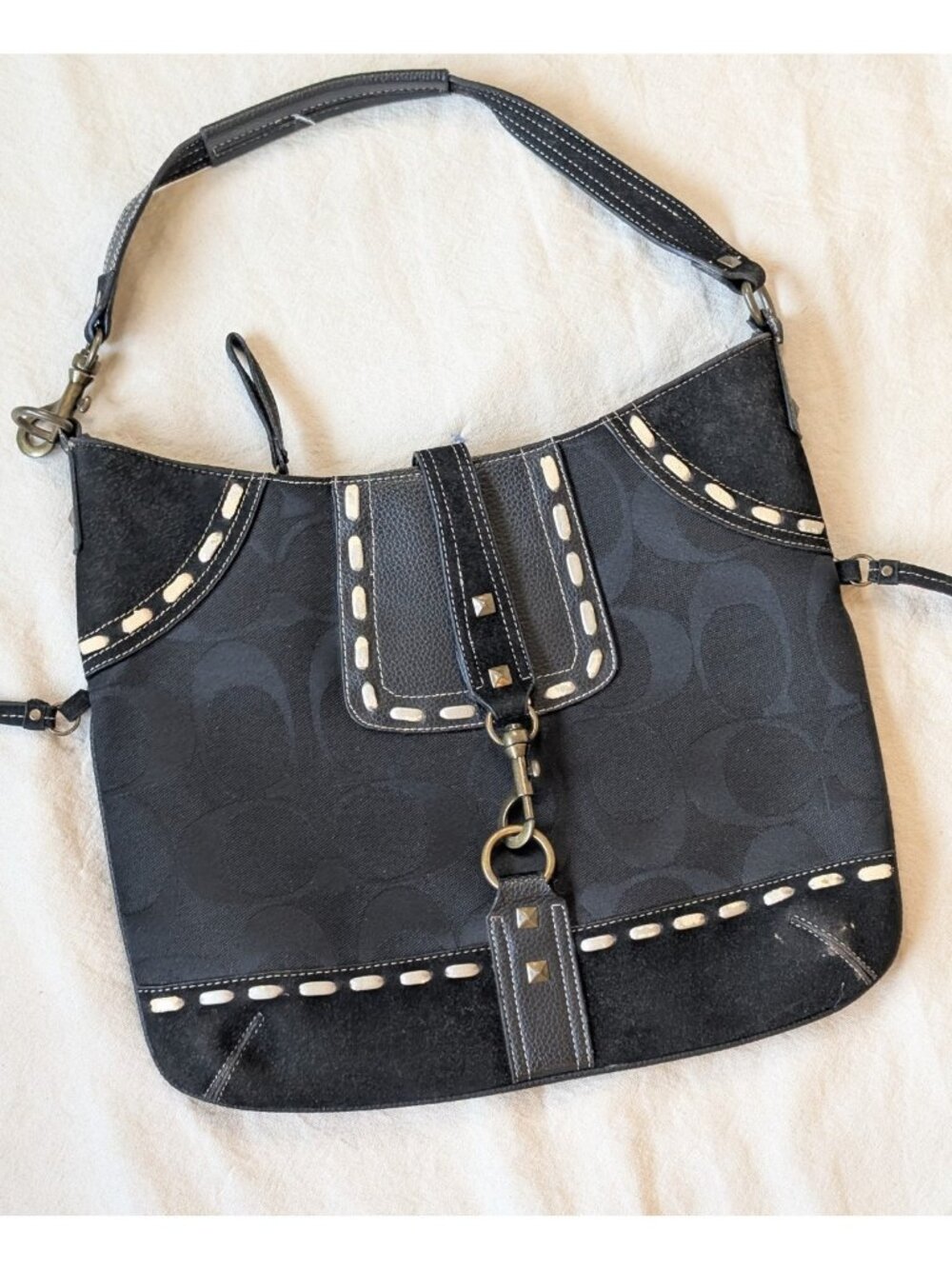 Coach Vintage Y2K Black Hampton Shoulder Bag Metal Clasp Leather Monogram 6094